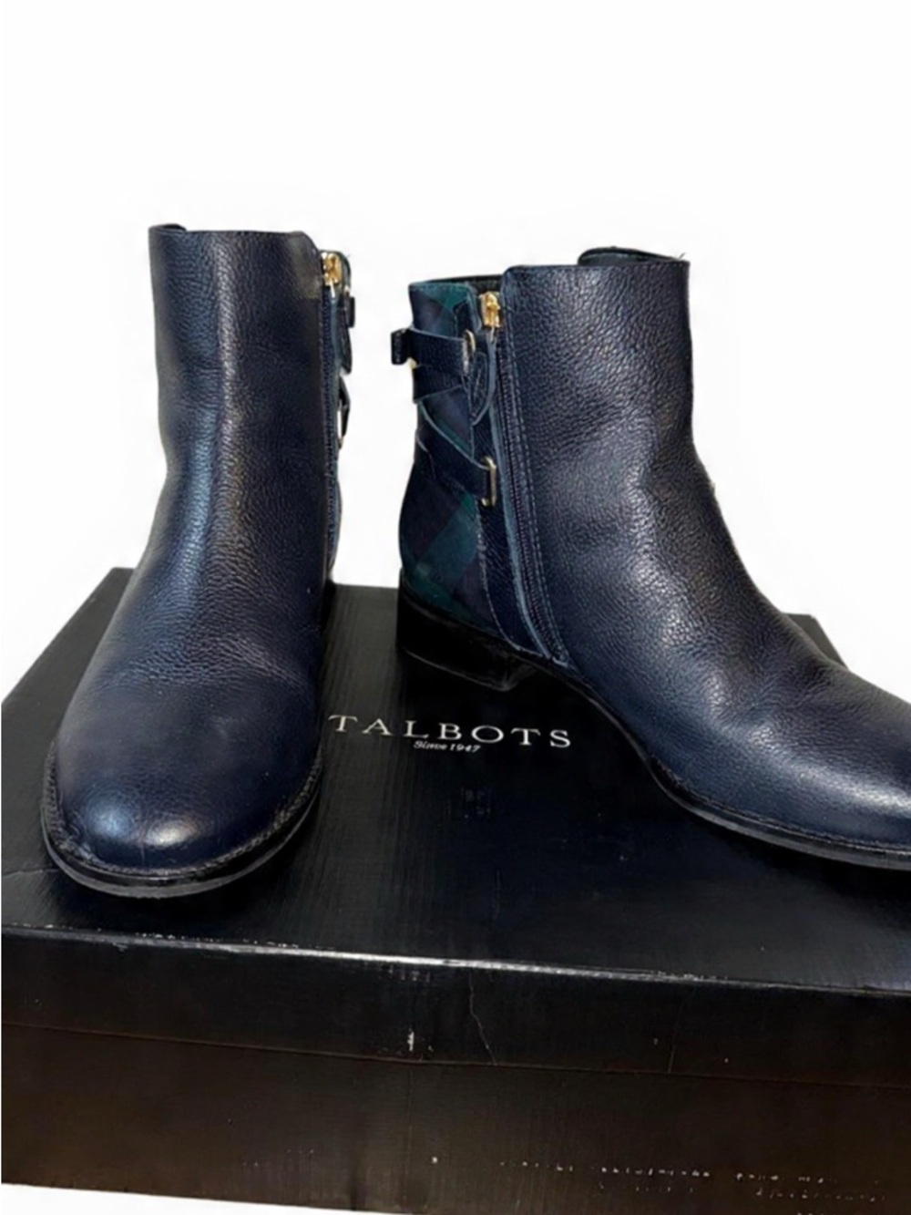 Talbots Navy Leather Ankle Boots with Plaid Heel Accent